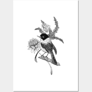 Flycatcher Bird & Flowers | Black Posters and Art